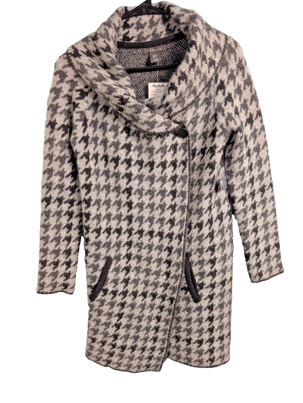 Tahari Womens Sweater Coat Gray Black Herringbone Check XS runs large NWT